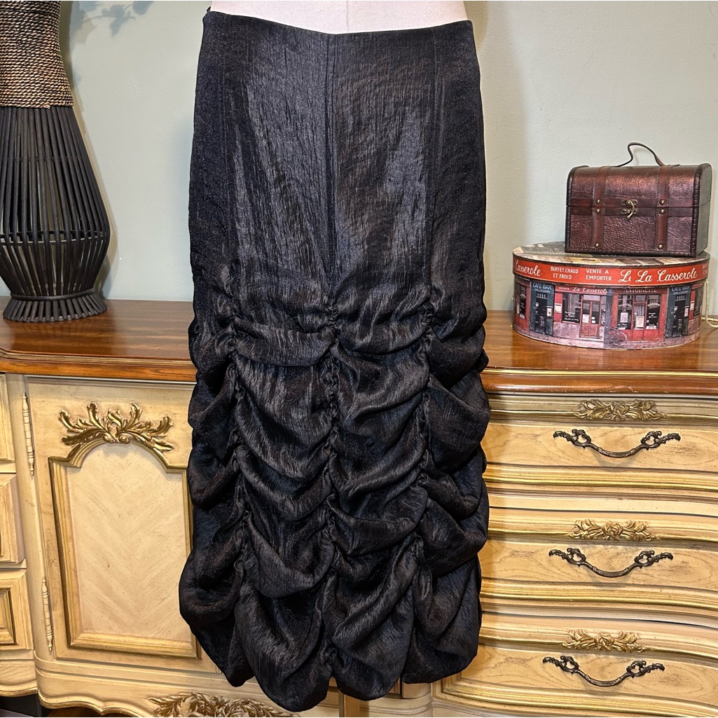 Ronen Chen Black Long Ruched Ruffled Formal Balloon Hem Skirt